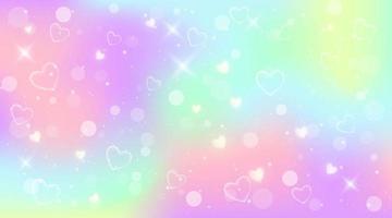 Rainbow fantasy background. Holographic illustration in pastel colors. Cute cartoon girly background. Bright multicolored sky with bokeh and hearts. Vector. vector