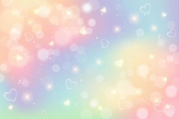 Rainbow fantasy background. Holographic illustration in pastel colors. Cute cartoon girly background. Bright multicolored sky with bokeh and hearts. Vector.