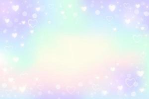 Rainbow fantasy background. Holographic illustration in pastel colors. Cute cartoon girly background. Bright multicolored sky with bokeh and hearts. Vector. vector