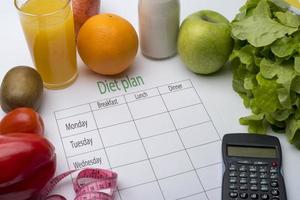 Diet plan sheet and fresh food on white background. photo