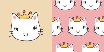 cat wearing a crown pattern. Cat prin on white, orange background. The seamless cute cat princess pattern and one character for Tshirt vector design for fashion, background, wrapping paper, wallpaper.