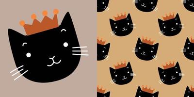 cat wearing a crown cartoons pattern. Black cat on earth tone. The seamless cute pattern and one character for T-shirt vector design for fashion, wrapping paper, fabric, background.