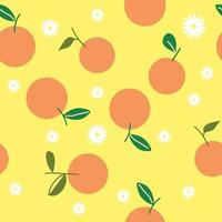 patrón transparente de vector de estilo lindo naranja, limón. dibujos animados de jugo de fruta sobre fondo amarillo. elementos coloridos de verano decorativos lindos. gráfico de ilustración dibujada a mano para impresión, papel pintado, textil.