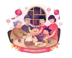 la feliz reunión familiar asiática está teniendo una cena de reunión en la víspera del año nuevo chino con una ventana china y linternas colgantes en una ilustración vectorial de estilo plano
