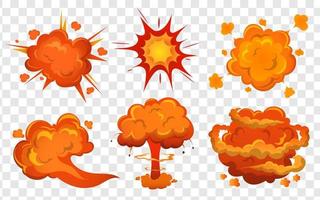 explosión de bomba y explosión de fuego. conjunto de dibujos animados de explosiones de bombas. vector