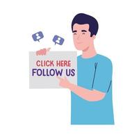 man lifting follow us label vector