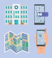 four hospital map icons vector