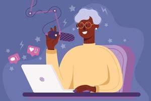 Old lady playing video games, elderly gamer with laptop and headphones smiling. Concept illustration of gray haired grandmother sitting in the armchair and play games trough laptop. vector