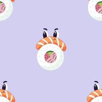 Seamless pattern with sushi roll Japanese food, cartoon maki character with salmon in a flat style, textile seamless pattern. vector