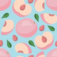 Fruit seamless pattern for textile products, peach pieces, bone and leaves in a flat style vector