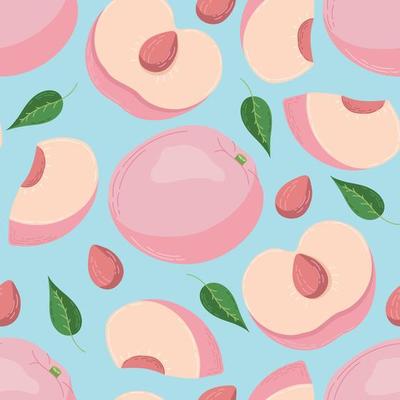 Fruit seamless pattern for textile products, peach pieces, bone and leaves in a flat style