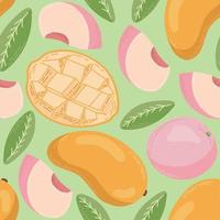 Fruit seamless pattern for textile products, mango and peach pieces and leaves in a flat style vector