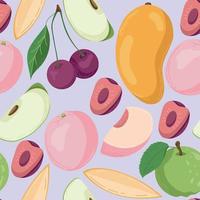 patrón de frutas sin fisuras para productos textiles, mango, manzana, melocotón y cereza en un estilo plano vector