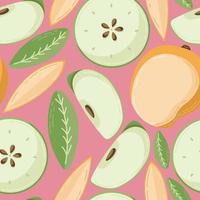 Fruit seamless pattern for textile products, mango and apple pieces, bone and leaves in a flat style vector