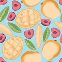 Fruit seamless pattern for textile products, mango and cherry pieces and leaves in a flat style vector