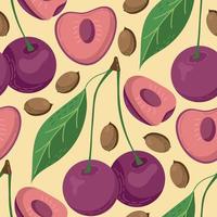 Fruit seamless pattern for textile products, cherry pieces, bone and leaves in a flat style vector