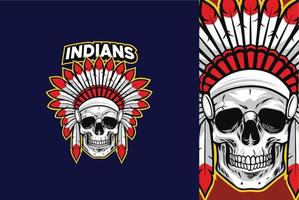 Indian Skull Native American Warrior Logo With Red Feather Vector Illustration
