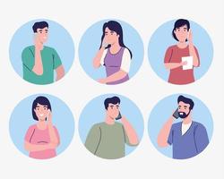 people talking phone in round frames vector