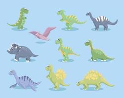 diez lindos iconos de dinosaurios vector