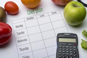 Diet plan sheet and fresh food on white background. photo