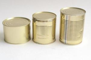 Three canned food items on a white background arranged in ascending order. photo