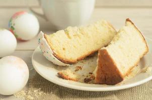 vacaciones de pascua. desayuno de pascua. rebanadas de pastel dulce de pascua en un plato y huevos de pascua sobre un fondo de madera clara. foto