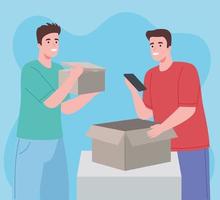 hombres creadores de contenido con cajas vector