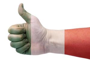 The concept of Italy-the hand gives a thumbs up with the flag of Italy. photo