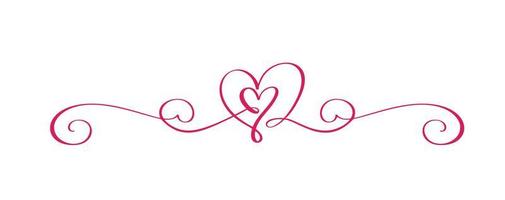 Vintage Red Flourish Vector divider Valentine Day Hand Drawn Black Calligraphic two Hearts. Calligraphy Holiday illustration. Design valentine element. Icon love decor for web, wedding