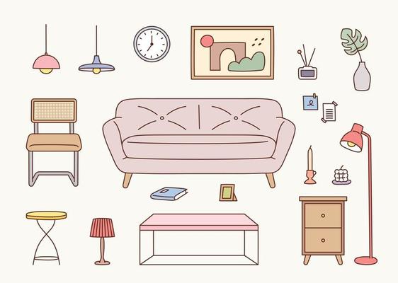 Collection of living room interior furniture. flat design style vector illustration.