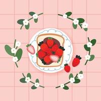 se coloca un plato de pan sobre un mantel rosa. las fresas están encima del pan. las flores están decoradas alrededor del plato. ilustración vectorial de estilo de diseño plano.