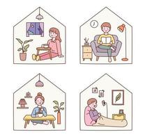 las personas que viven solas descansan a su manera en casa. ilustración vectorial de estilo de diseño plano. vector