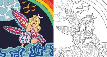 Doodle fairy angel coloring book page for adults vector illustration