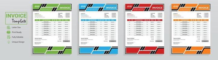 Modern Invoice Template. White background editable text invoice templates vector design table for bill form, sale receipt. This accounting print document has clean minimal look with 4 color variations