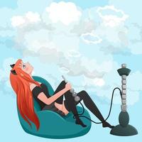 Redhead woman laying in bean bag chair in smoke clouds. Anime girl smoking hookah. vector