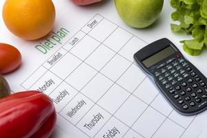 Diet plan sheet and fresh food on white background. photo