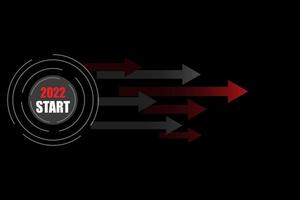concepto de año nuevo. Inicio de botón 2022 y flecha sobre fondo negro. puesta en marcha y puesta en marcha de empresas. se abren nuevas ideas. estrategia y plan en dos mil veintidós. vector