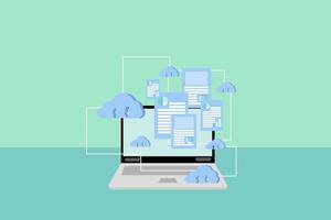 Cloud storage data concept. Laptop with blue clouds storage and datasheet on screen with line connection on a green background. Synchronize data with the internet and use it anywhere. vector