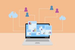 Webinar or e-learning concept. Laptop and cloud storage data icon, pink and blue person icon on orange background. Internet connection for meeting and study online. Work and study from home. vector