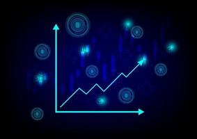 Business and technology concept. Line graph and candle stick with cryptocurrency coin and blockchain technology on black background. Bullish market. vector