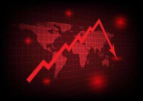 Red arrow graph drop arrow down with world map on red background. Money losing. Stock crisis and finance concept. vector