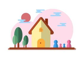 concepto de ahorro e inversión para el hogar. casa amarilla con cuatro personas de familia con árbol sobre fondo rosa. el éxito empresarial y el crecimiento financiero en el futuro. diseño plano. vector