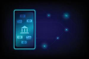 banca por Internet y concepto financiero. teléfono móvil con una tarjeta de crédito y un icono de billete sobre fondo azul oscuro. Pago movil. Compra en línea. vector