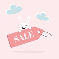 Back Friday concept. Pastel pink sale tag with a  white rabbit on pink background. Tag for advertisement, banner, and shopping. vector