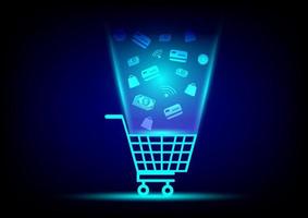 Shop online concept. Shopping cart, search, credit card and bag virtual icon on blue background. Digital marketing, e-commerce. Quarantine to save life from coronavirus. vector