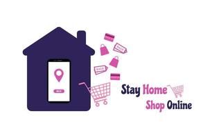 Stay home and shop online concept. Shopping with application on smartphone in purple house credit card, shopping cart and bag, on white background. Quarantine to save life from corona virus. vector