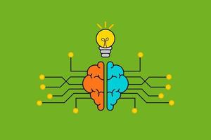 Creative and idea concept. Brain with line and yellow spot and light bulb. Background or banner for design. vector