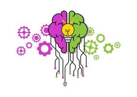 Creative and idea concept. Green and purple brain with line and spot and  yellow light bulb with gears. Background or banner for design. vector