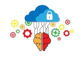 Cloud data storage and security concept. Blue cloud and white lock with red and orange brain and gears. Communication of business and financial. Transfer data to storage. vector