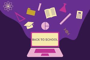 Back to school concept. Computer or laptop with education icon floating in the air on purple and violet background. E-learning or study online. vector